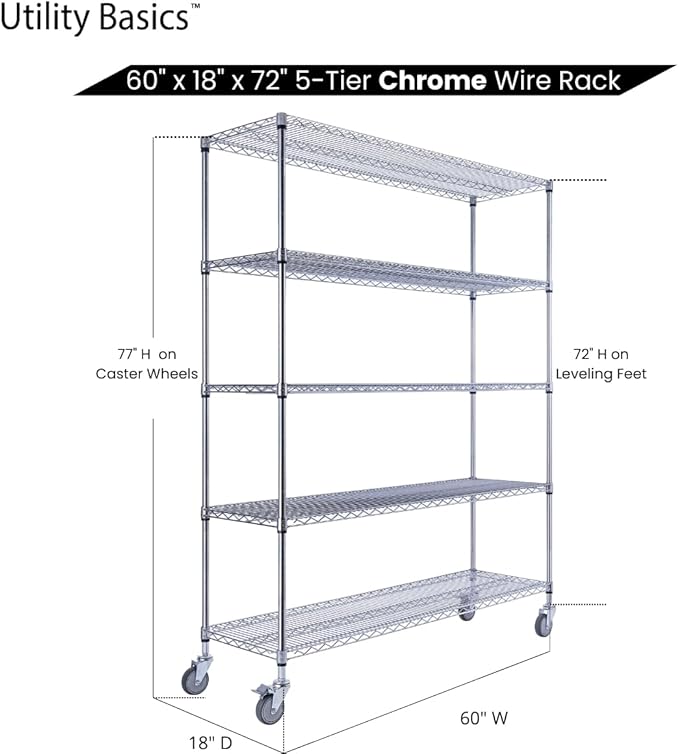 60"x18"x72" Chrome 5-Tier PREMIUM Wire Shelving NSF 4000 LBS MAX CAPACITY Heavy - Image 7