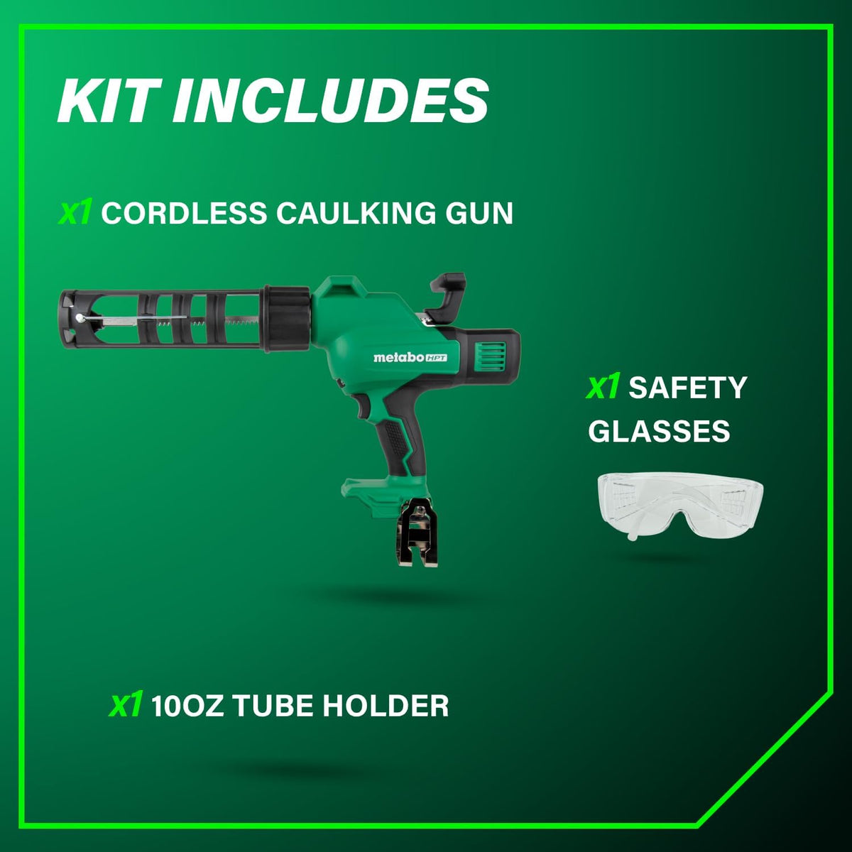 metabo hpt 18v cordless caulking gun, variable speed showing dimensions