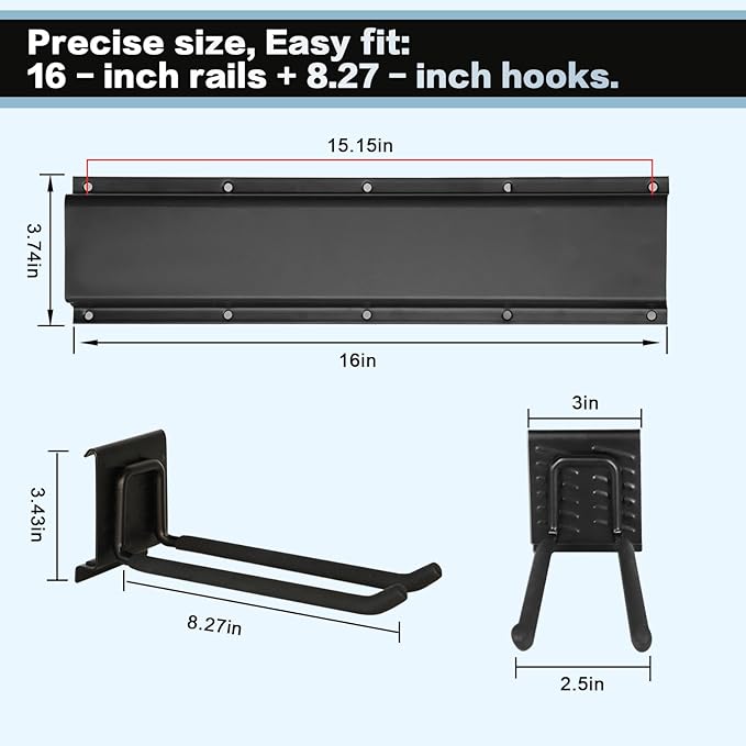 Garage Tool Organizer Wall Mount 16in- 2 Heavy Duty Hooks, 120lbs Capacity - Image 2