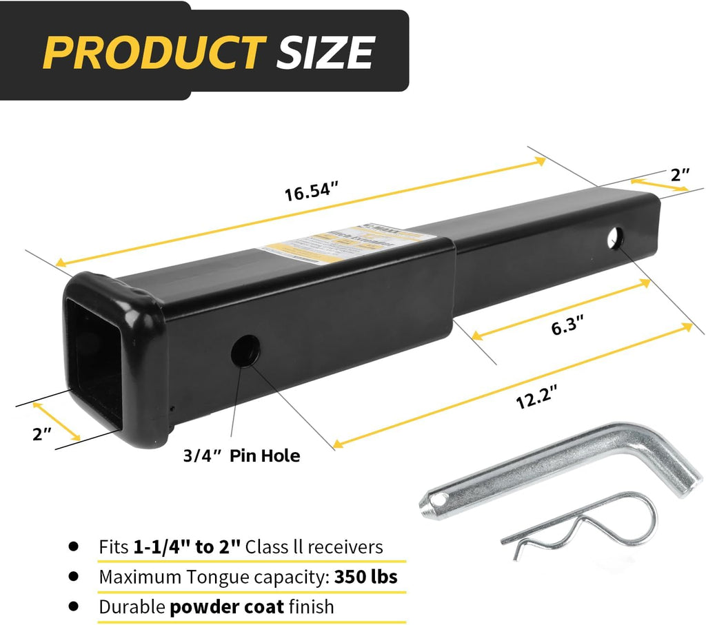 MaxxHaul 51959 Trailer Hitch Extension 12 inch Length 2 inch x 2 inch Receiver Tube Fits 2 inch Receiver 3500 lbs Capacity Includes 5/8 inch Hitch Pin and Clip