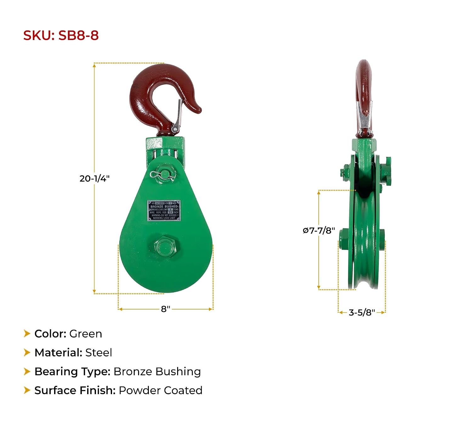 Mytee Products Snatch Block with Hook WLL 8 Ton 8" Sheave 3/4 Inch Wire Rope Wrecker Roll Back Recovery