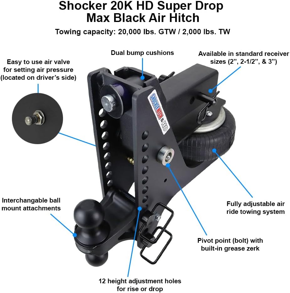 Shocker HD Max Black Super Drop Air Hitch Fits 2-1/2" Hitch & Has Black Combo 2" & 2-5/16" Balls - 20,000 lbs