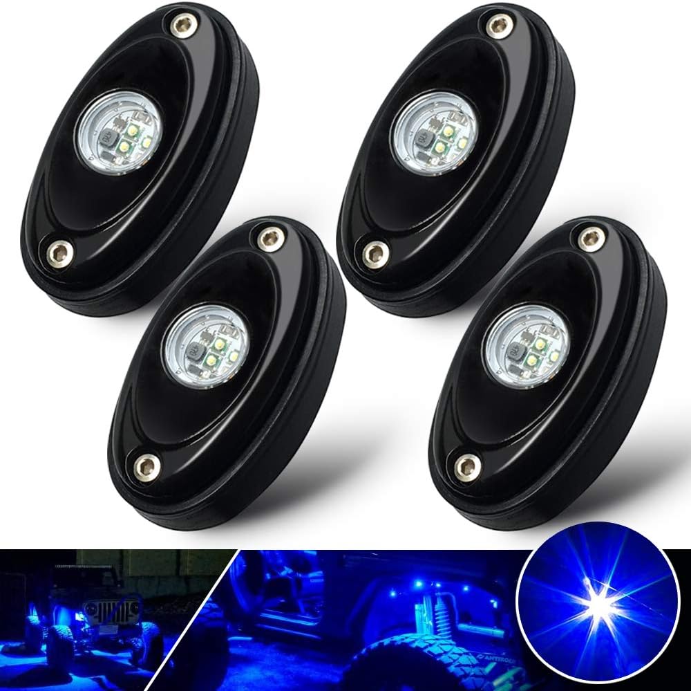4 Pods LED Rock Light Kit Blue LED Neon Lights for Jeep Car UTV ATV SUV Off Road Boat Under Glow Lamp Truck Bed Lighting Waterproof