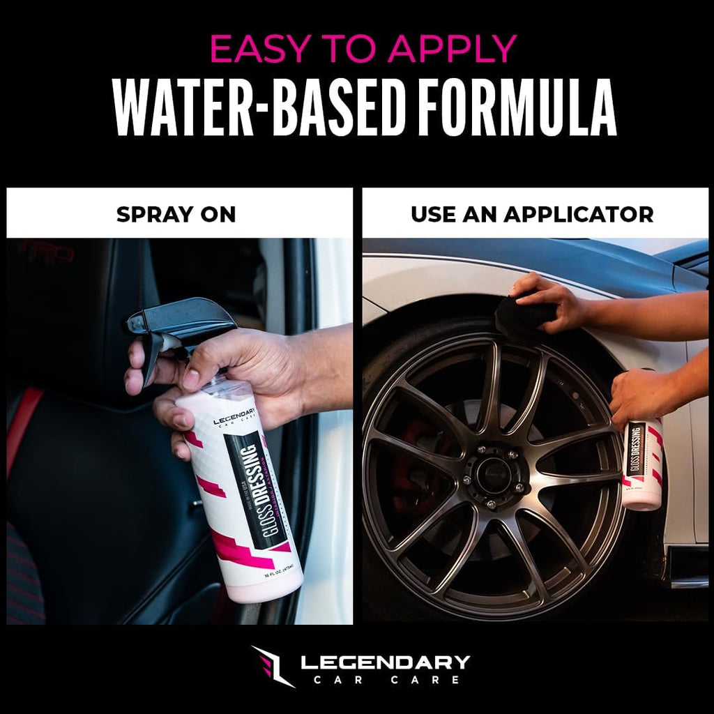 Legendary Gloss Dressing with Applicator 16oz - Tire Shine Spray & Plastic Restorer – Water Based & Non-Greasy Interior/Exterior Detailing Spray - Trim, Rubber, Vinyl & Plastic Restorer for Cars