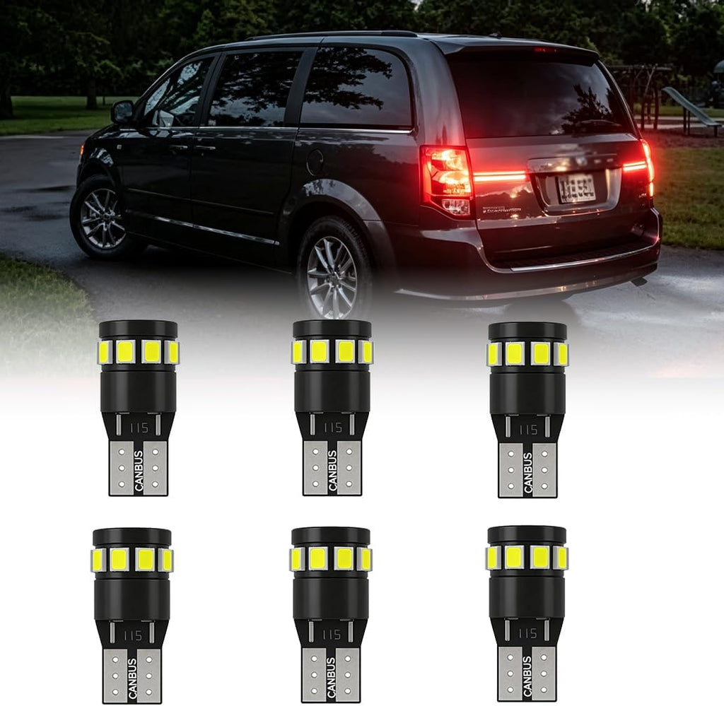 T10 194 LED Bulbs 6-Pack for Dodge Grand Caravan 1991-2014 – Super Bright 6000K for Glove Box, License Plate & Step Courtesy Light, W5W Wedge Replacement