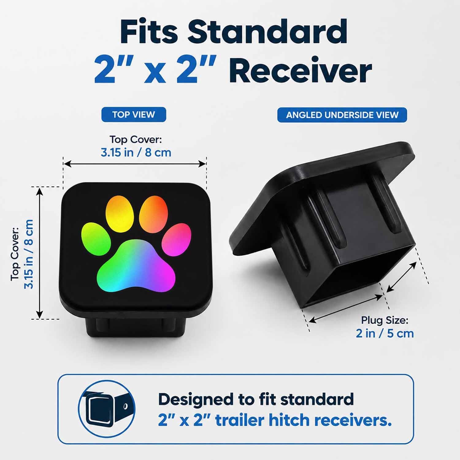 Trailer Hitch Covers Rainbow Dog Cat Paw Print Heavy Duty 2 Inch Hitch Cover for Weather Protection, Rubber Hitch Receiver Cover Plug Cap for Trucks SUVs and Off-Road Vehicles