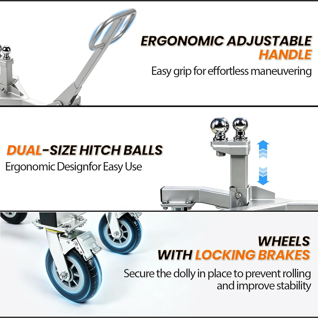 20,000 lbs Load Heavy Duty Trailer Dolly, 4,500 lbs Tongue Weight, 9IN 360° Swivel Wheels with Brake, 2" & 2-5/16" Hitch Balls, Manual Trailer Mover for RV, Boat, Camper, Motorcycle