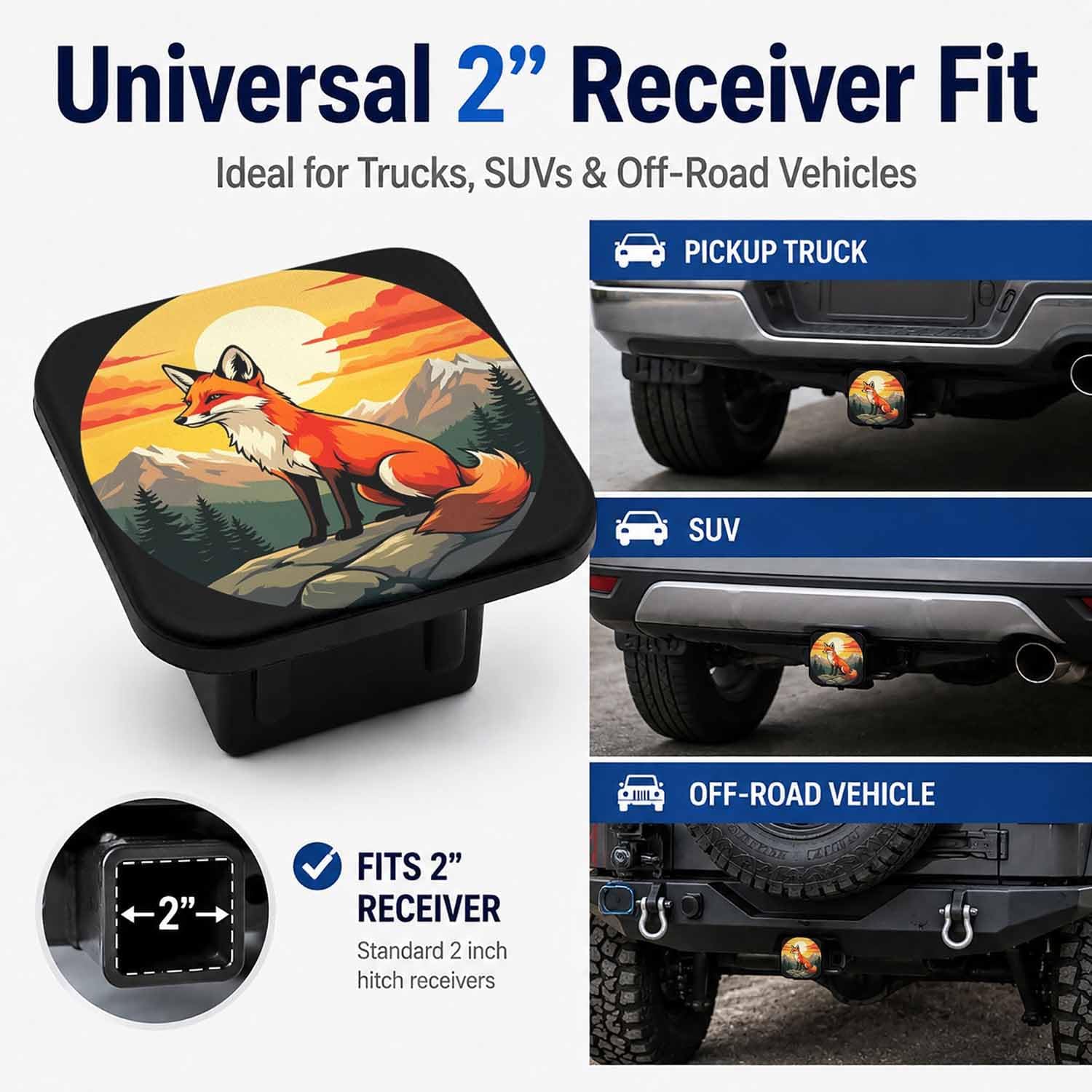 Fox Sunset Hitch Cover Receiver Tube Hitch Plug, Tool-Free Install Tow Hitch Covers, Universal Trailer Hitch Cap Protector for Trucks, 2 Inch Hitch Receiver Cover for Women Men