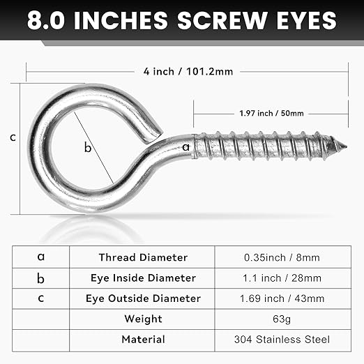 8Pcs Self Tapping Eyelet Screw Eye Bolt，4 Inch Heavy Duty Screw Eyes Hooks ，M8 - Image 2