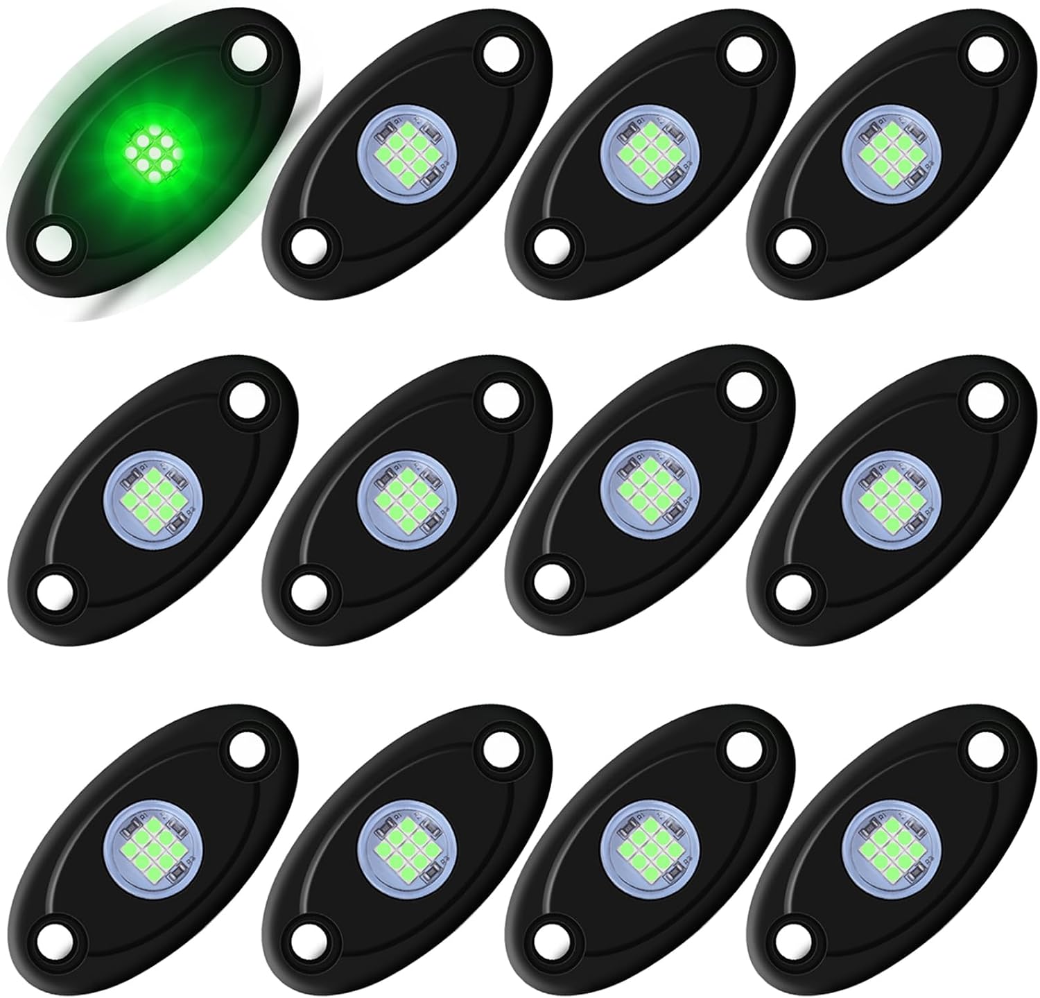 12 Pods Green LED Rock Lights Neon Underglow Light for Car Truck ATV SUV Under Body Glow Light Trail Fender Lighting