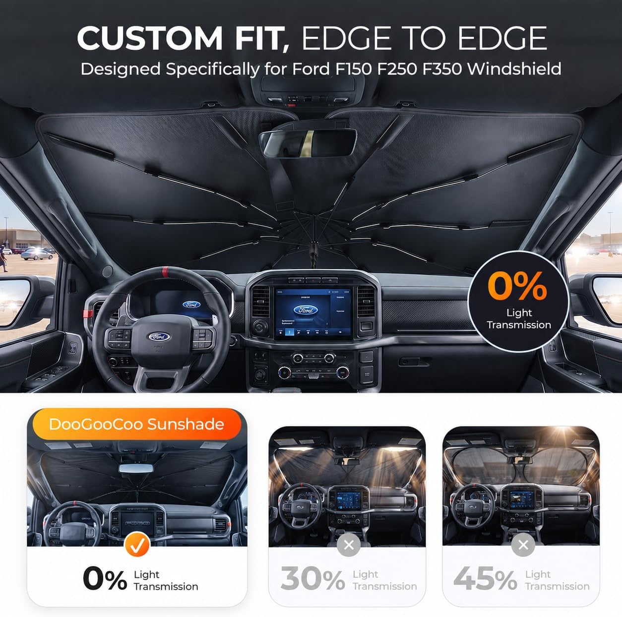 [2026 Upgraded] DooGooCoo Windshield Sun Shade Umbrella for Ford F150 F250 F350 F450 [100% Sunlight Blocked, Cooling Ice Crystal] Sunshade for Car Windshield for f150 Sun Shade 2015-2026.