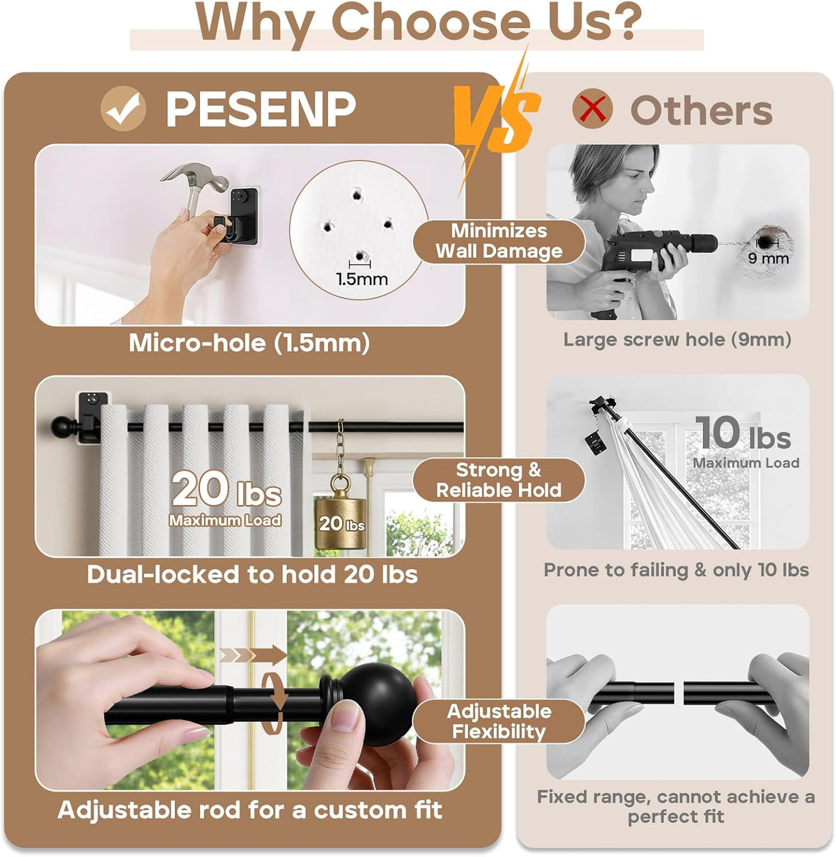 no-drill curtain rod with adhesive & pin-nail mount, close-up detail