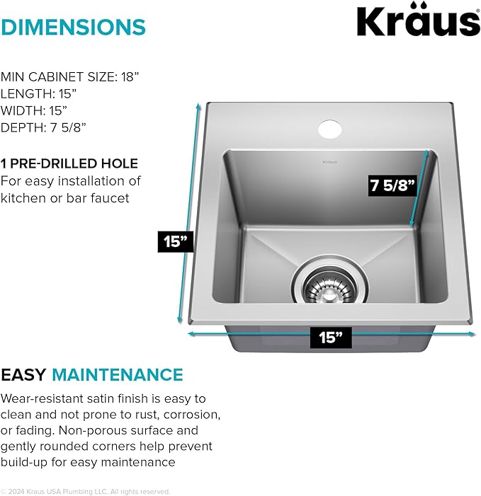 KRAUS Fairlane 15-inch Drop In/Top Mount Single Bowl 18-Gauge Stainless Steel - Image 9