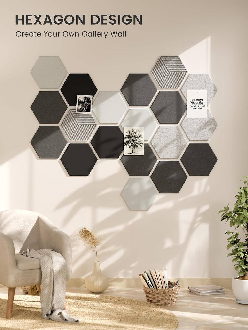 fluxynara 10-pack hexagon felt bulletin board tiles, concrete on a desk or shelf