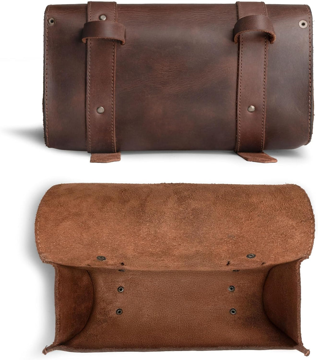 Hide & Drink, Motorcycle Handlebar Bag with 2 Adjustable Straps, Tool Organizer, Motorbike Pouch, Saddle Bag for Bike Commuters, Barrel, Full Grain Leather, Handmade, Bourbon Brown