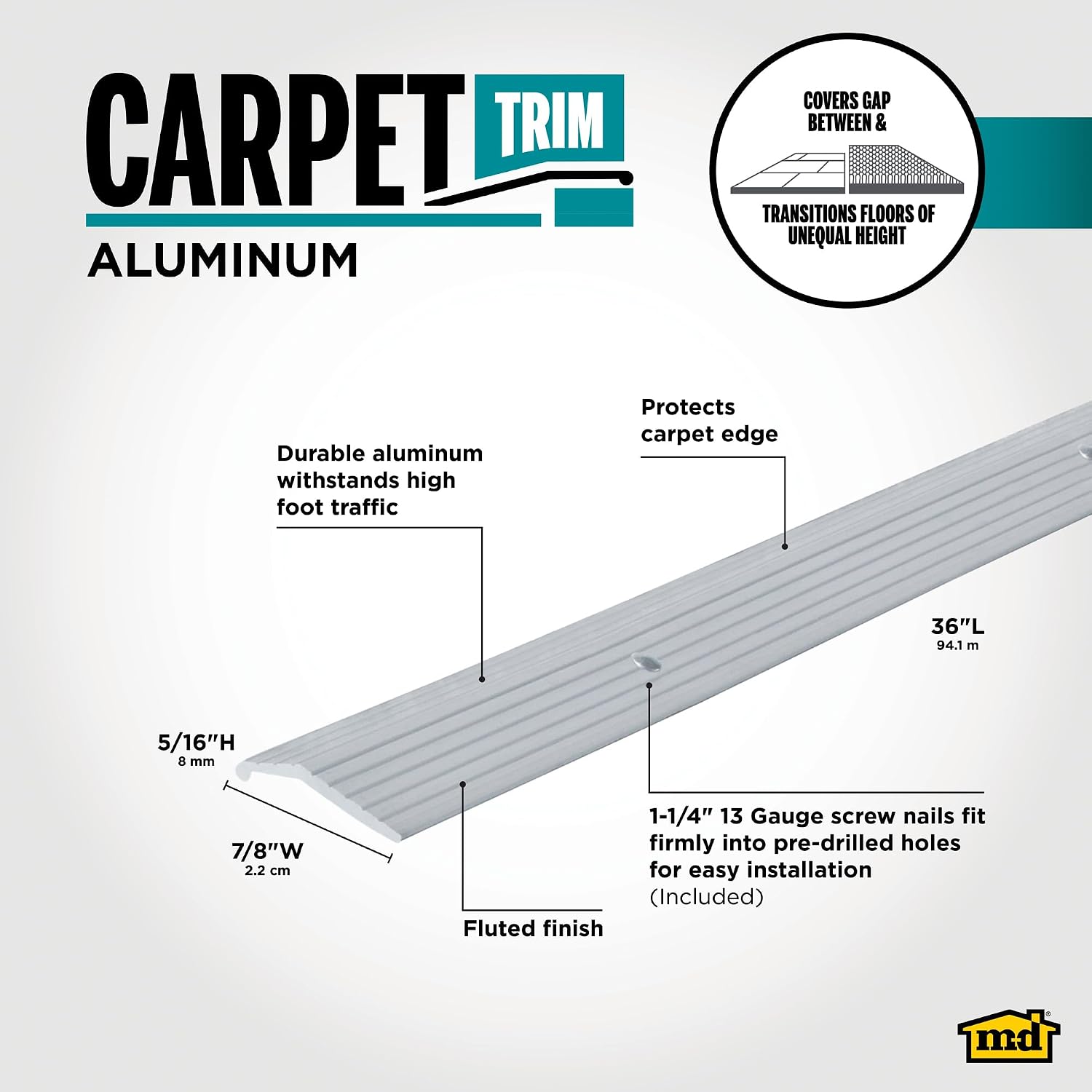 M-D Building Products 78006 7/8 in. X 36 in. Silver Aluminum Carpet Trim w/Screw Nails