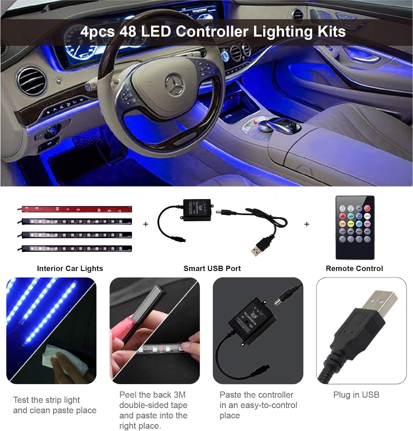 Led Interior Car Lights, Controller Led Lights for Cars, Multicolor Music Underglow Lighting Kits with Wireless Control and Sound Active Function, 4pcs 48 USB LED Interior Lights, DC 5V