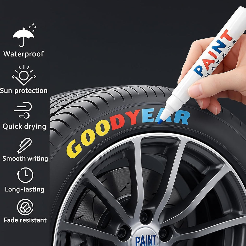 12 Pack Waterproof Tire Paint Pen, Oil Based Tire Marker for Tires Lettering, Multi-Surface Paint Markers for Metal, Wood, Plastic (12 Colors Mix)