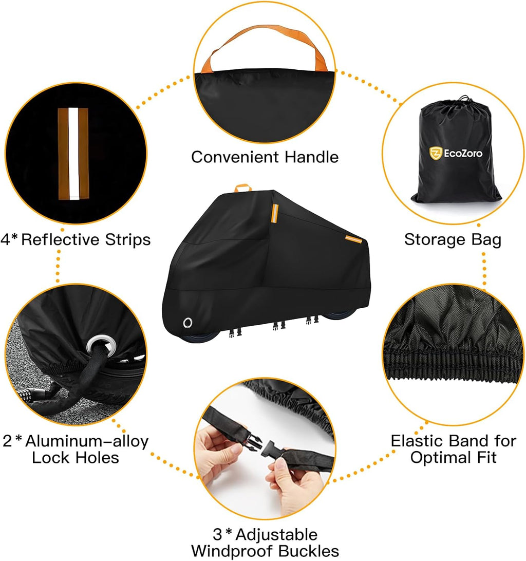 300D Heavy Duty Motorcycle Cover - All Season Waterproof Outdoor Protection with Lock-Holes, Night Reflective & Storage Bag Fits up to 96.5" Cruiser, Touring, Sportbike, Dirt Bike, Scooter