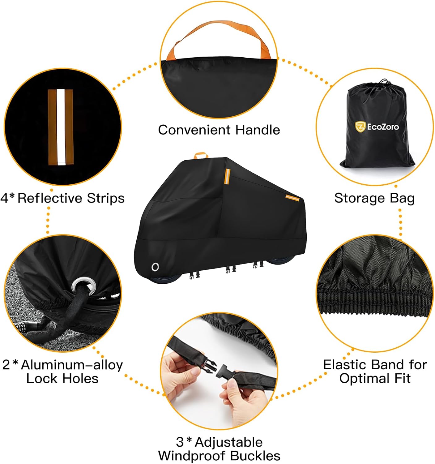 300D Heavy Duty Motorcycle Cover - All Season Waterproof Outdoor Protection with Lock-Holes, Night Reflective & Storage Bag Fits up to 96.5" Cruiser, Touring, Sportbike, Dirt Bike, Scooter