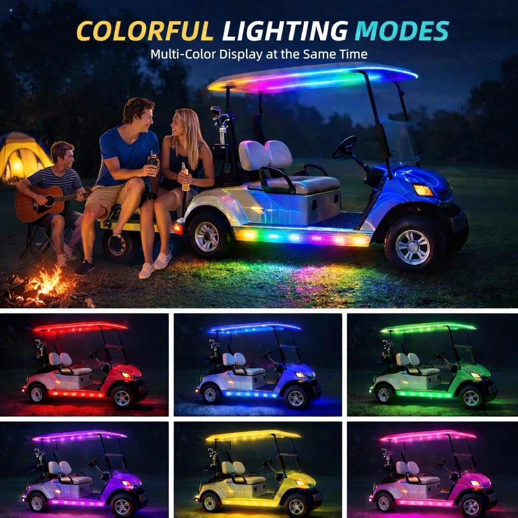 Battery Powered RGB+IC Dream Color Chasing Golf Cart Canopy Roof Lights with Remote, 2 Pack 4FT IP68 Waterproof Addressable Golf Cart Underglow Light Strip for EZGO Yamaha Club Car, Boat, Easy Install