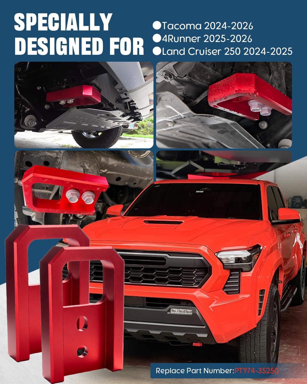 T6061 Aluminum Front Tow Hooks for 2024–2026 Tacoma/2025–2026 4Runner/2024-2025 Land Cruiser 250, Direct Bolt-On Replacement for PT974-35250 Red 2Pack