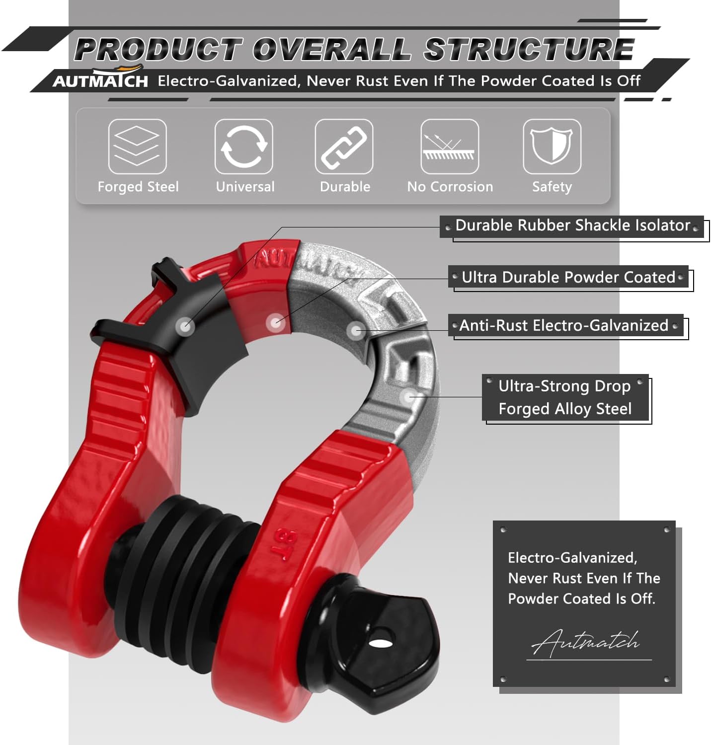 AUTMATCH D Ring Shackles 3/4" Mega Shackle (2 Pack) 68,000Ibs Break Strength - Heavy Duty Clevis Shackle 7/8" Screw Pin & Isolator Washer for Tow Strap Winch Off Road Vehicle Recovery, Red & Black