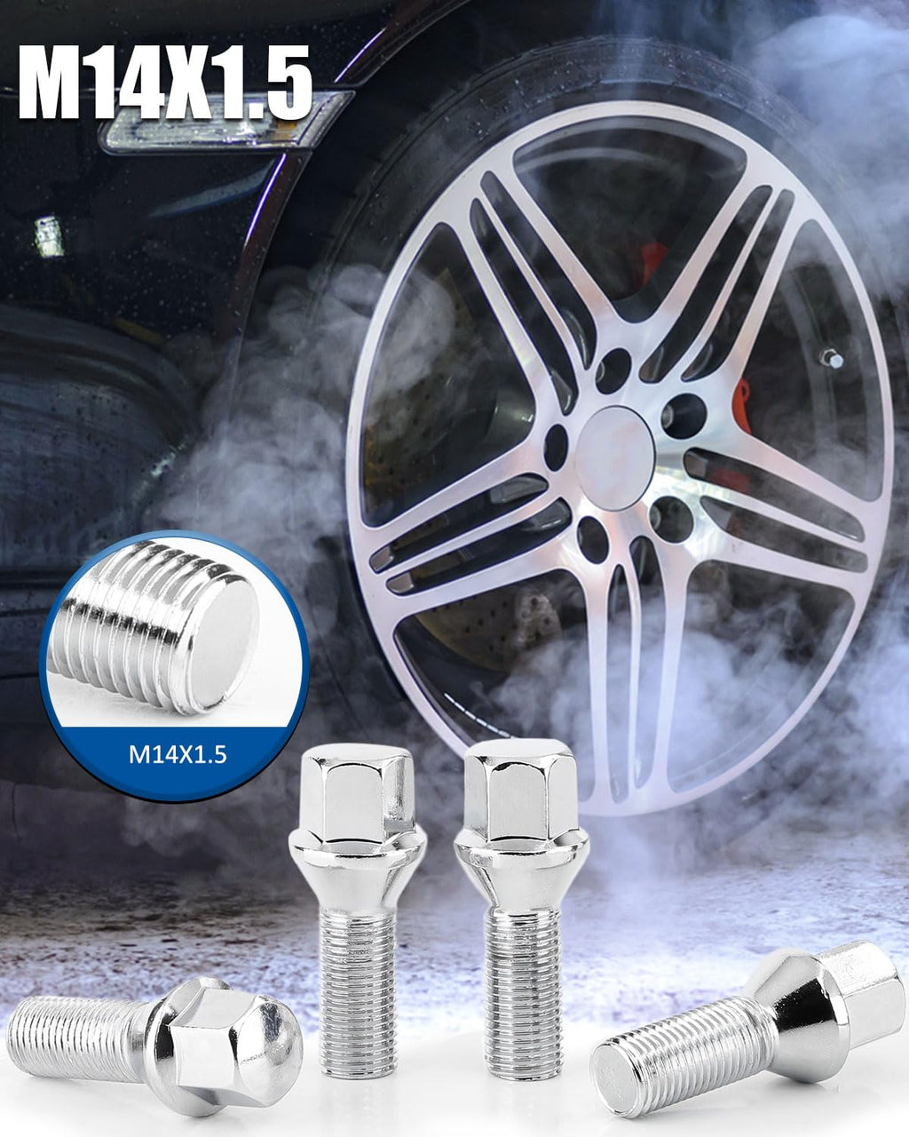 GAsupply 14x1.5 28mm Shank Lug Bolts, 20pcs Chrome Conical Seat 56mm Tall Lug Studs for Wheel Spacers, 17mm Hex