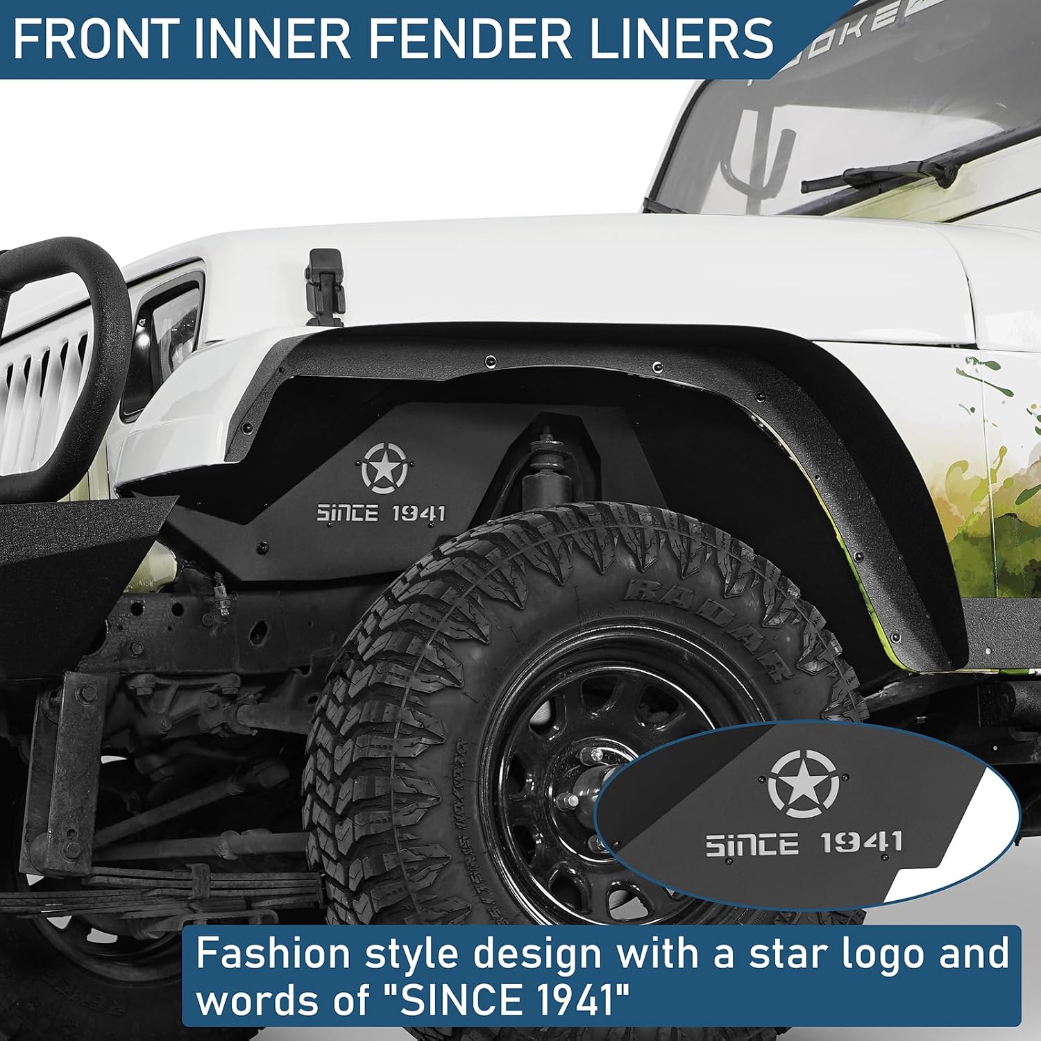 Hooke Road Wrangler YJ Front Inner Fender Liners for Jeep Wrangler YJ 1987-1995, Steel Black Front Wheel Well Liner Splash Mud Guards - 2PCS