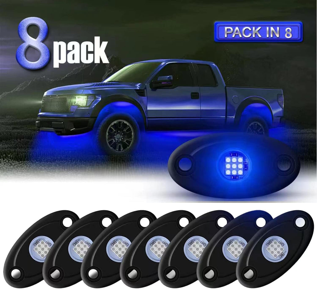 LED Rock Lights 8 Pods Blue for Truck Motorcycle Car Shockproof Waterproof Underbody Glow Neon Trail Rig Fender Lighting