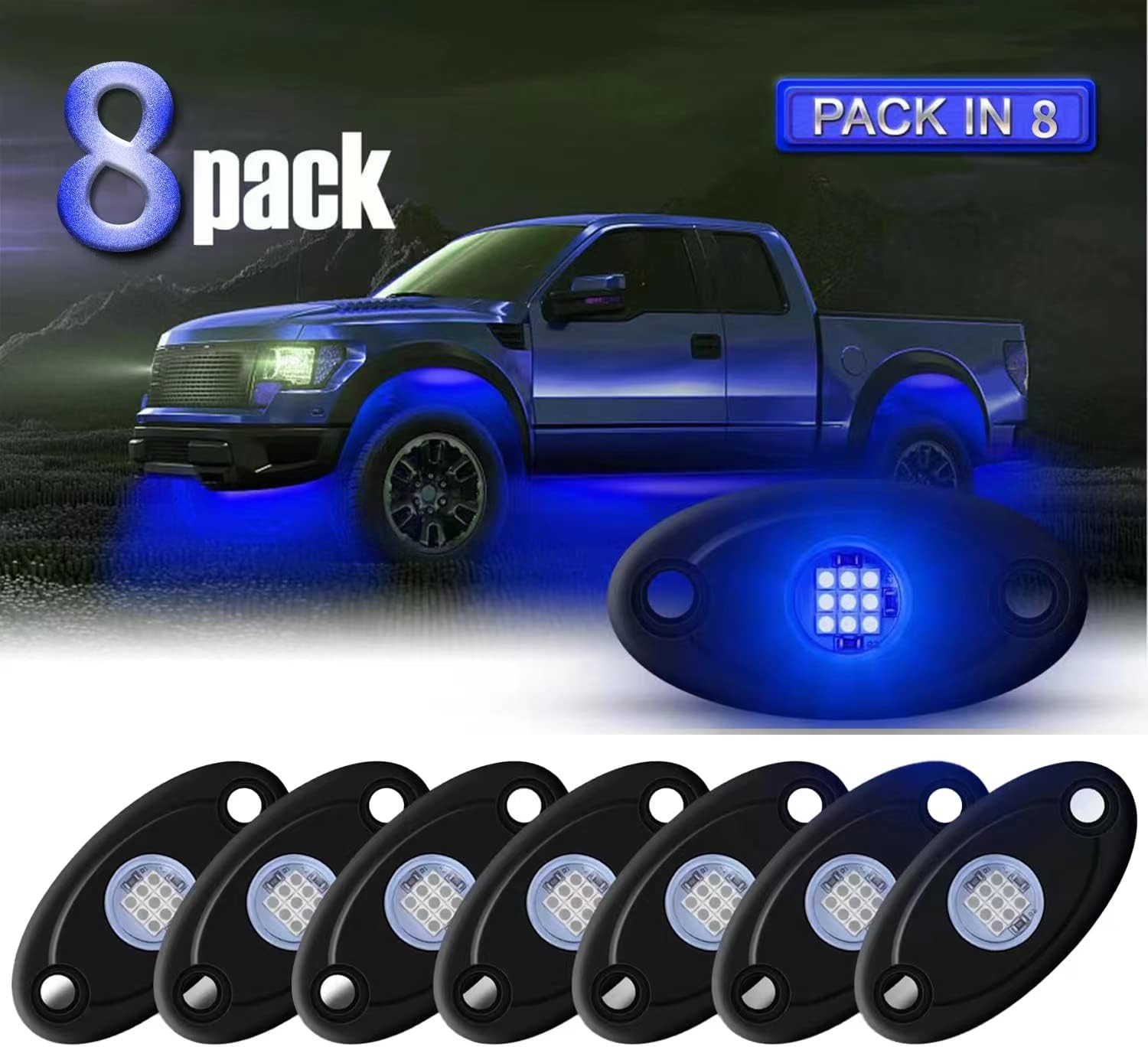 LED Rock Lights 8 Pods Blue for Truck Motorcycle Car Shockproof Waterproof Underbody Glow Neon Trail Rig Fender Lighting