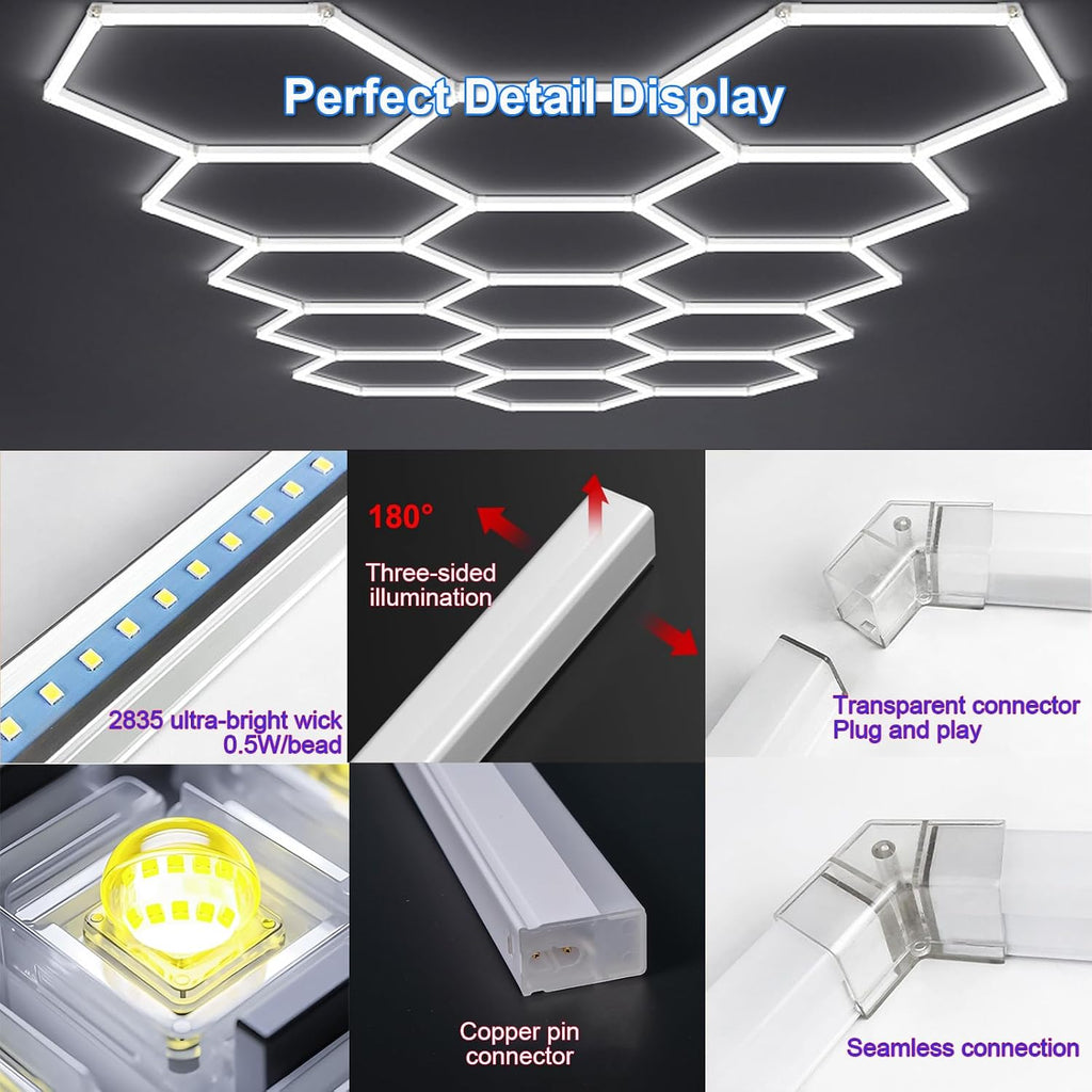 Honeycomb LED Light for Car Detailing, Connectors, Light Tubes, Accessories, Any Combination, for Gym, Sports Stadium, Cafe, Dance Studio V-Shaped