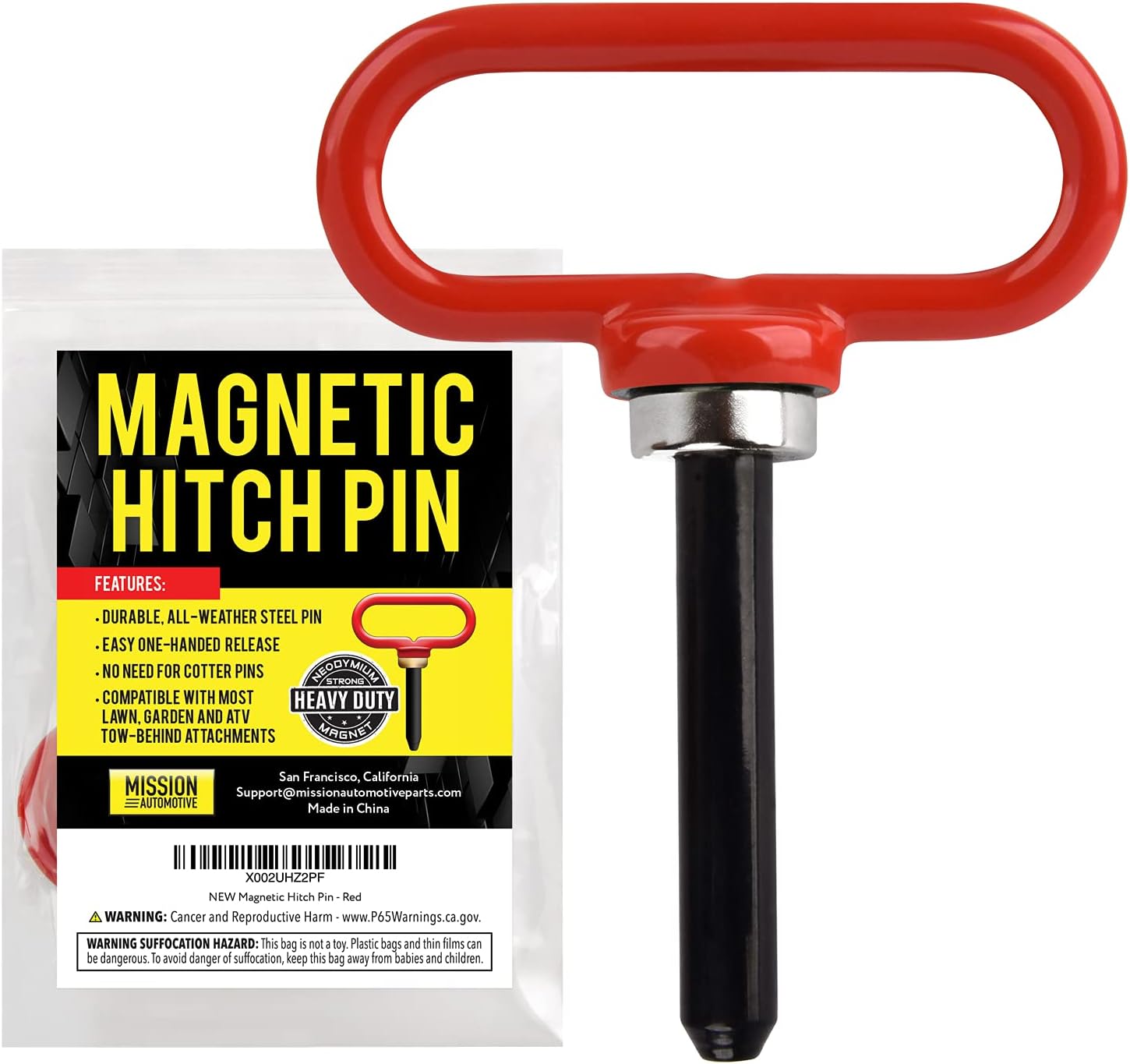 Mission Automotive Magnetic Trailer Hitch Pin - 4mm x 25mm, Red - Neodymium One-Hand Hook & Release for Lawn Mower & Utility Trailer - Compatible with Most Lawn Tractors & ATVs