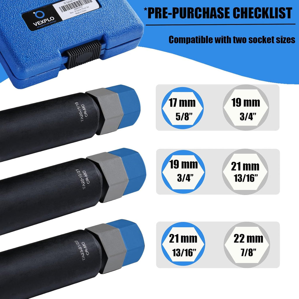 VEXPLO 10 Spline Lug Nut Key Set Thick Wall 3-PCS 10 Spline Lug Nut Socket | Easy Removal of Aftermarket Ten Point Locking Lug Nuts, Compatible with Bimecc White Knight 10 Splined Wheel Lock Key