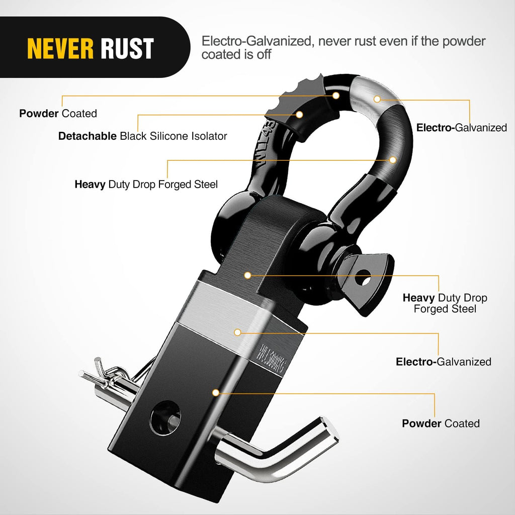 Nilight Shackle Hitch Receiver 2Inch 45000 LBs Breaking Strength 3/4" D Ring w/Trailer Pin Heavy Duty Solid Recovery Towing Kit for Trucks Jeeps Off-Road