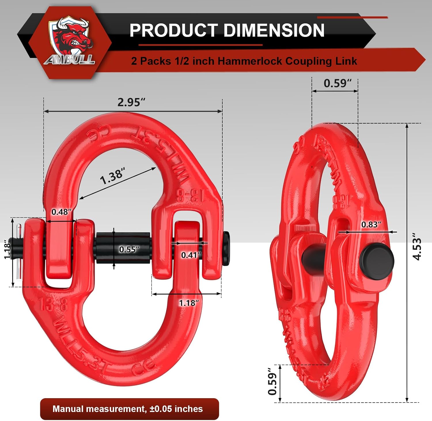 2 Pack 1/2" Safety Chain Connector Link, G80 Tow Hitch Hammerlock Coupling Link, Tow Chain Connector with 12000 lbs Loading (Red)