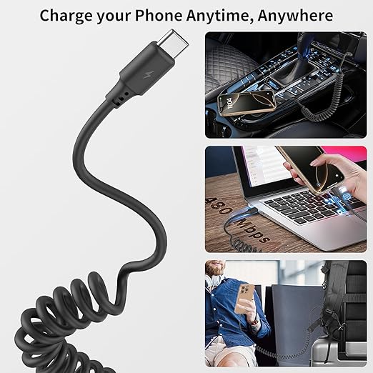 Coiled USB C Cable for Car 2Pack 3ft, USB to USBC Coiled Cord for iPhone 16 15 - Image 3