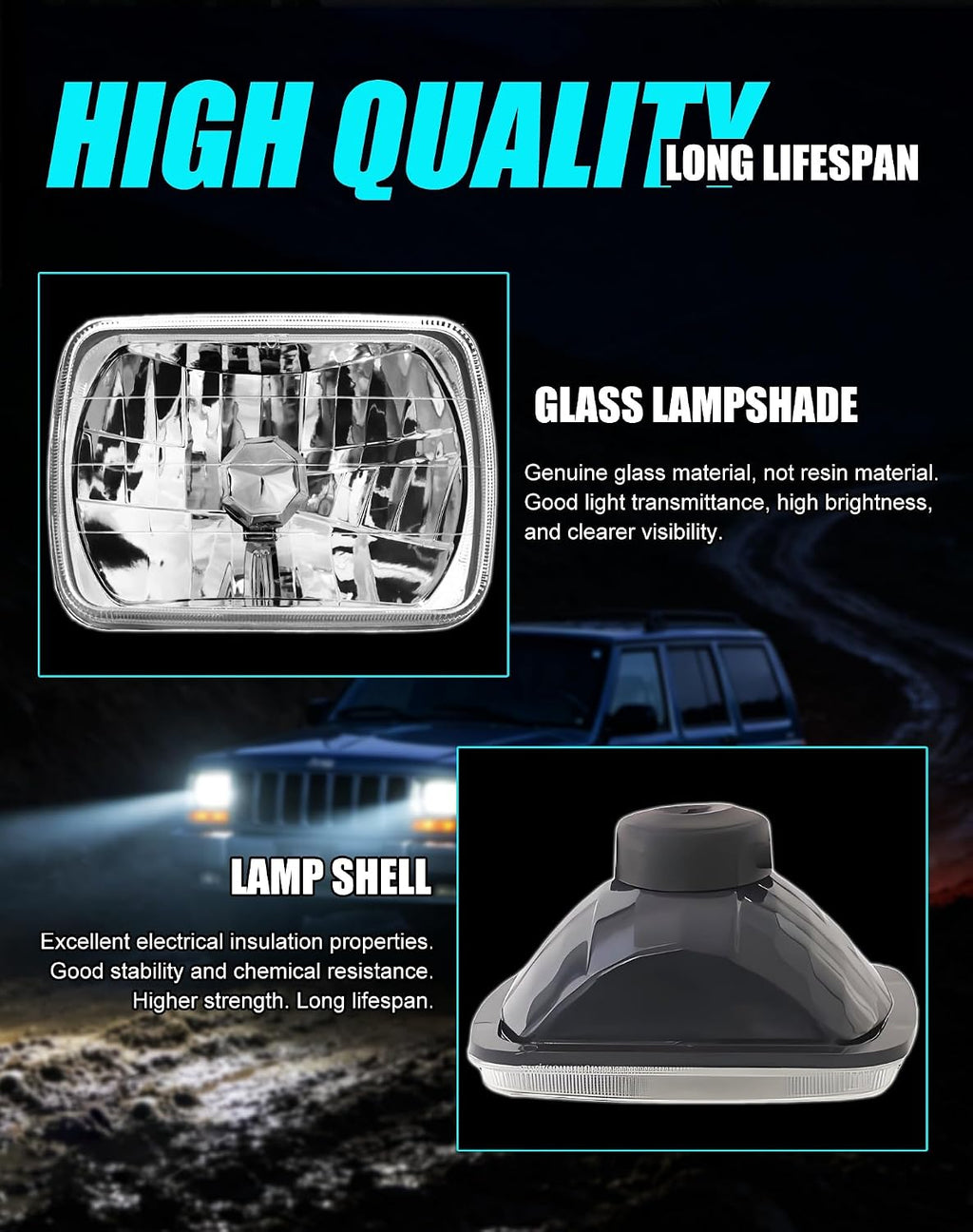 5X7 7X6 H6054 Glass Square Headlight Housings and H4 Light Bulbs | 6500K LED High Low Beam 7 inch OEM Style Original Classic Look Conversion Assembly Pair Kit for Cars Truck and Van