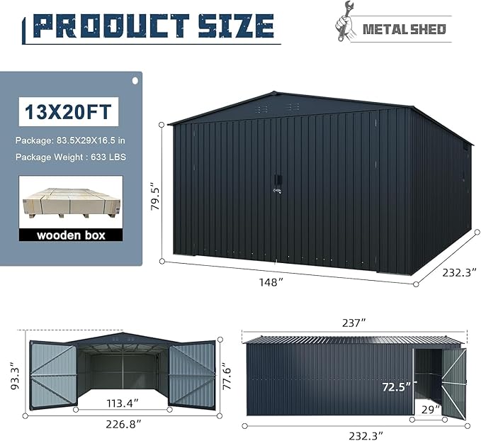 KUIKUI 20x13ft Heavy Duty Outdoor Garage Metal Shed, Sheds and Outdoor Storage - Image 2