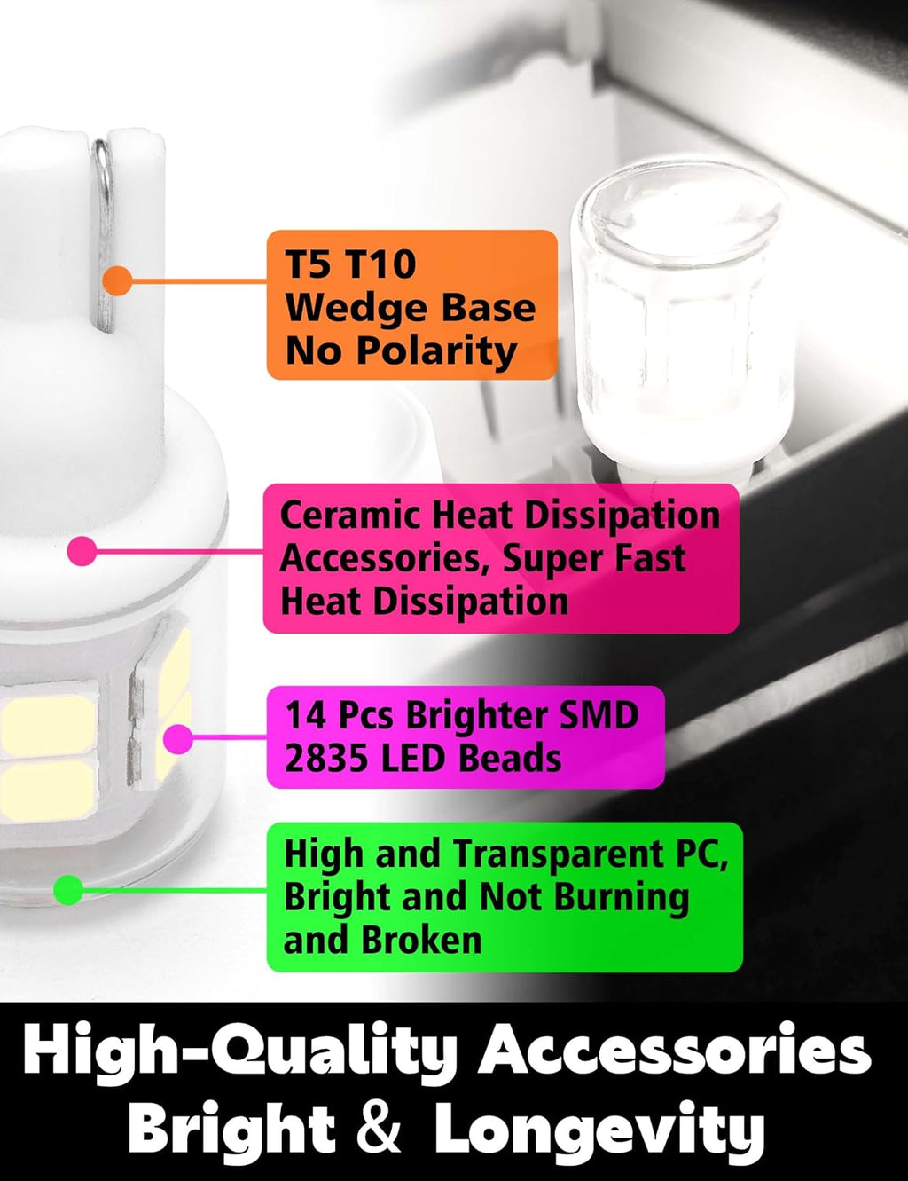 T10 194 168 LED Dome Light Bulbs, 300lm 6000K White Super Bright 2825 W5W LED Interior Bulbs, 3w AC/DC12V-24V T10 Wedge for RV Car Dome Map Door Courtesy Trunk License Plate Light, Non-Dimmable, 2pcs
