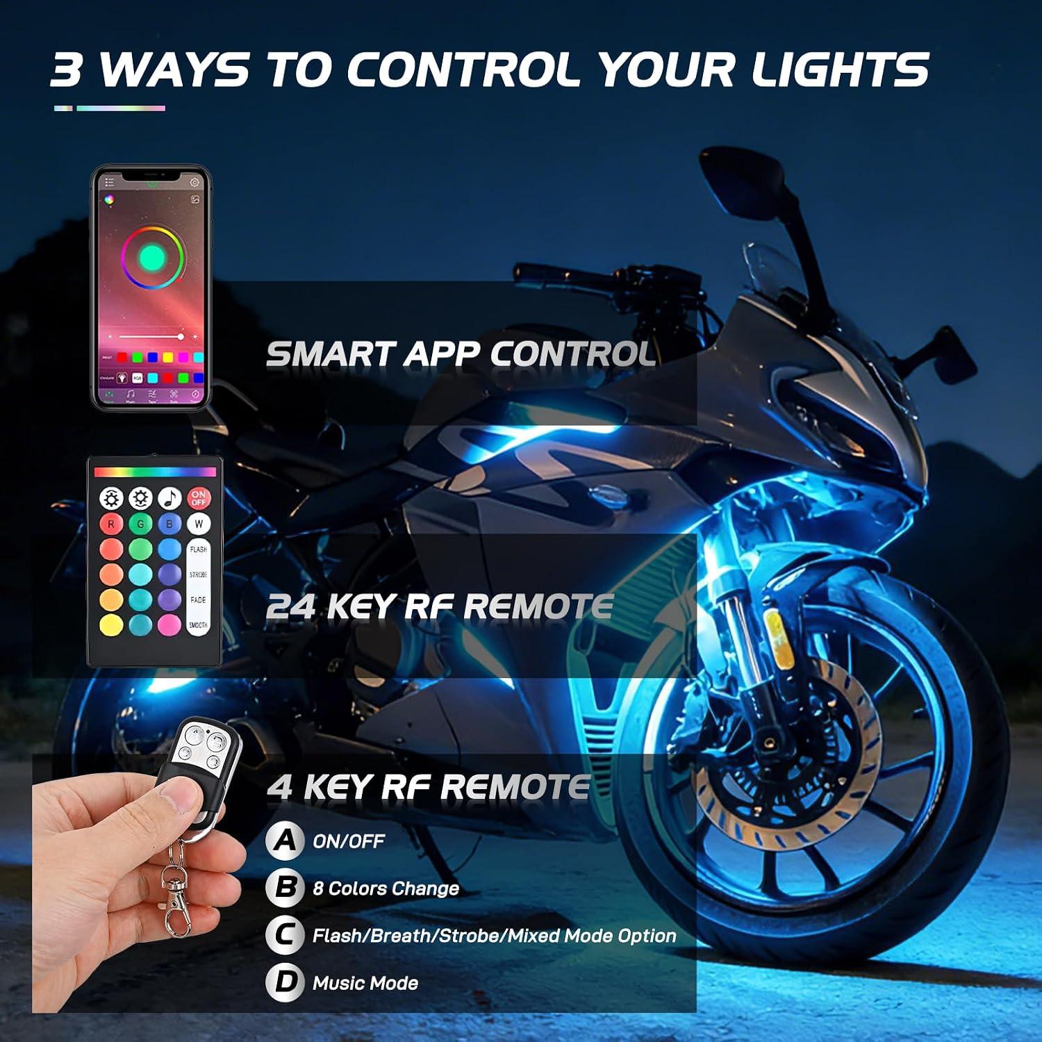 Nilight 8PCS Motorcycle RGB Led Light Kit Waterproof Multi Color Atmosphere Neon Accent APP and Remote Control Underbody Strips for Harley Davidson Honda Kawasaki Suzuki