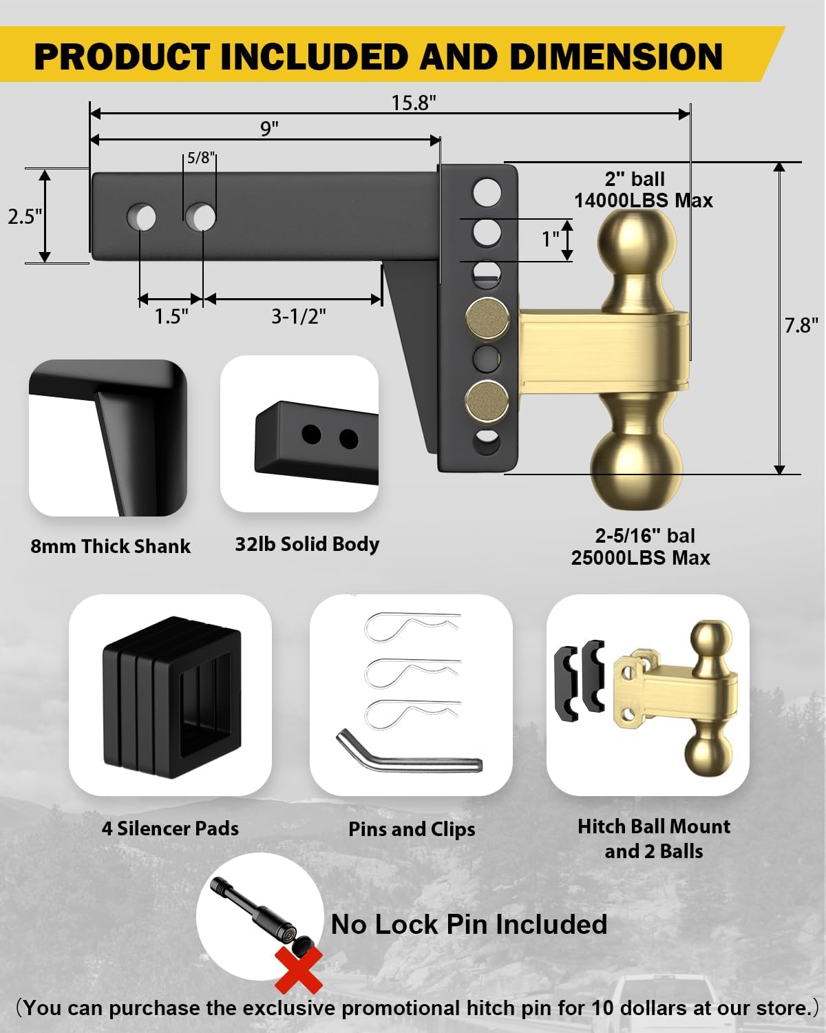 TIROL 2.5 inch Adjustable Hitch, 2.5 Hitch Receiver, 4" Drop, 2" & 2-5/16" Dual Ball Hitches for Trucks, 25000 LBS, Heavy Duty Trailer Hitch for 2.5" Receiver Class v 350 Truck RVs Campers Boat