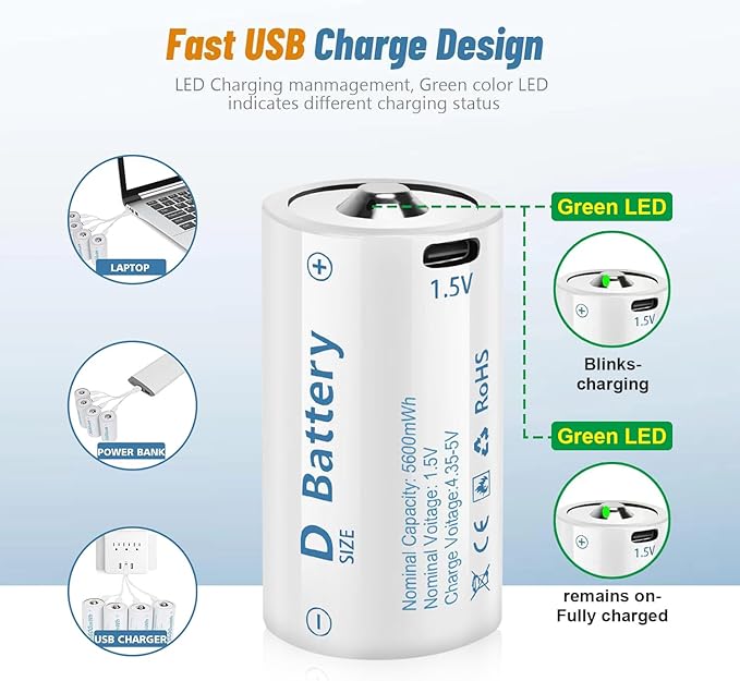 D Cell Batteries 4 Pack, Lithium D Batteries 5600mWh, Rechargeable D Batteries - Image 5