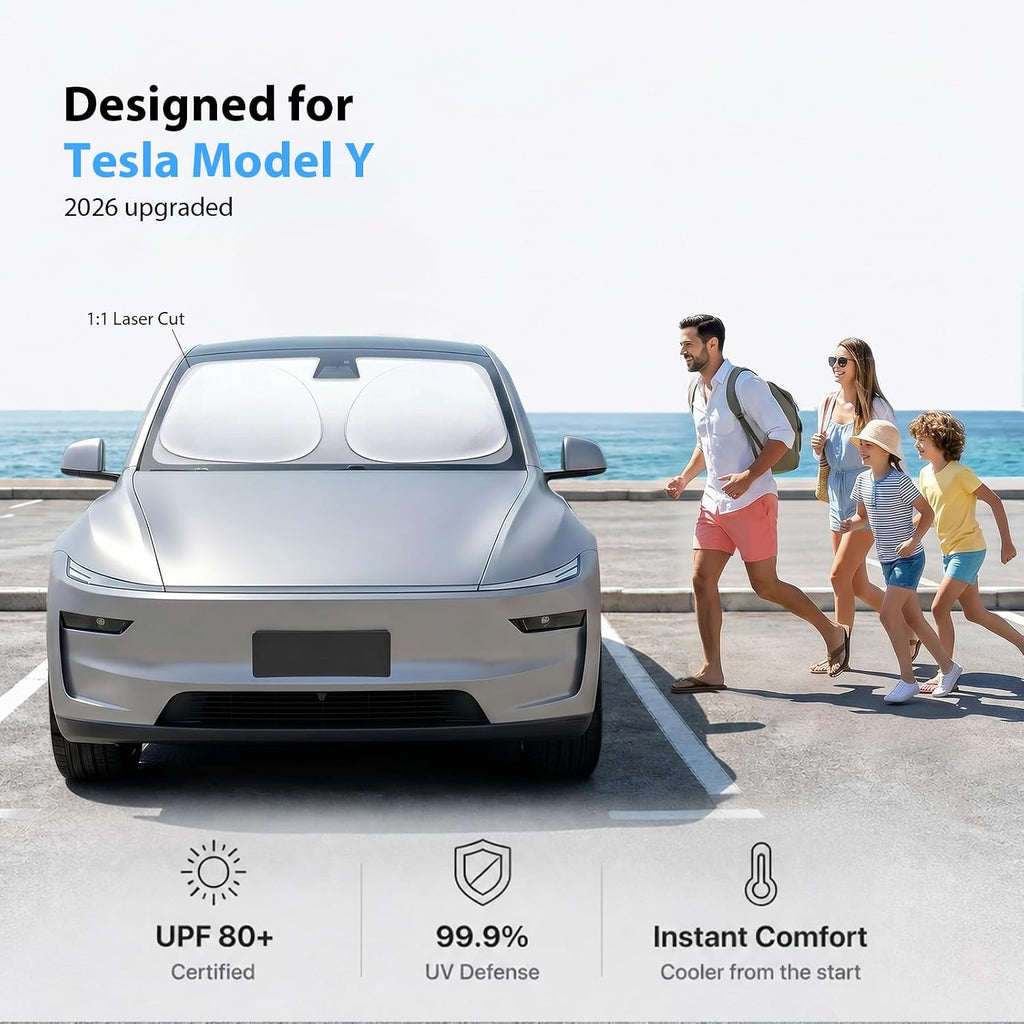 2026 Custom Fit Windshield Sunshade for Tesla Model Y, Superior UV & Heat Block, Cooling Fabric, Durable Foldable with Bag, Fits 2020-2026 Juniper
