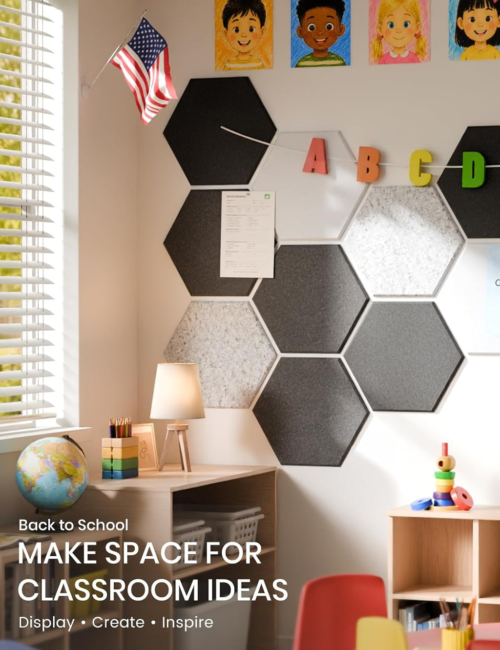 fluxynara 10-pack hexagon felt bulletin board tiles, concrete showing dimensions