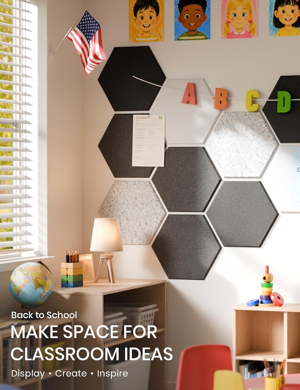 fluxynara 10-pack hexagon felt bulletin board tiles, concrete showing dimensions