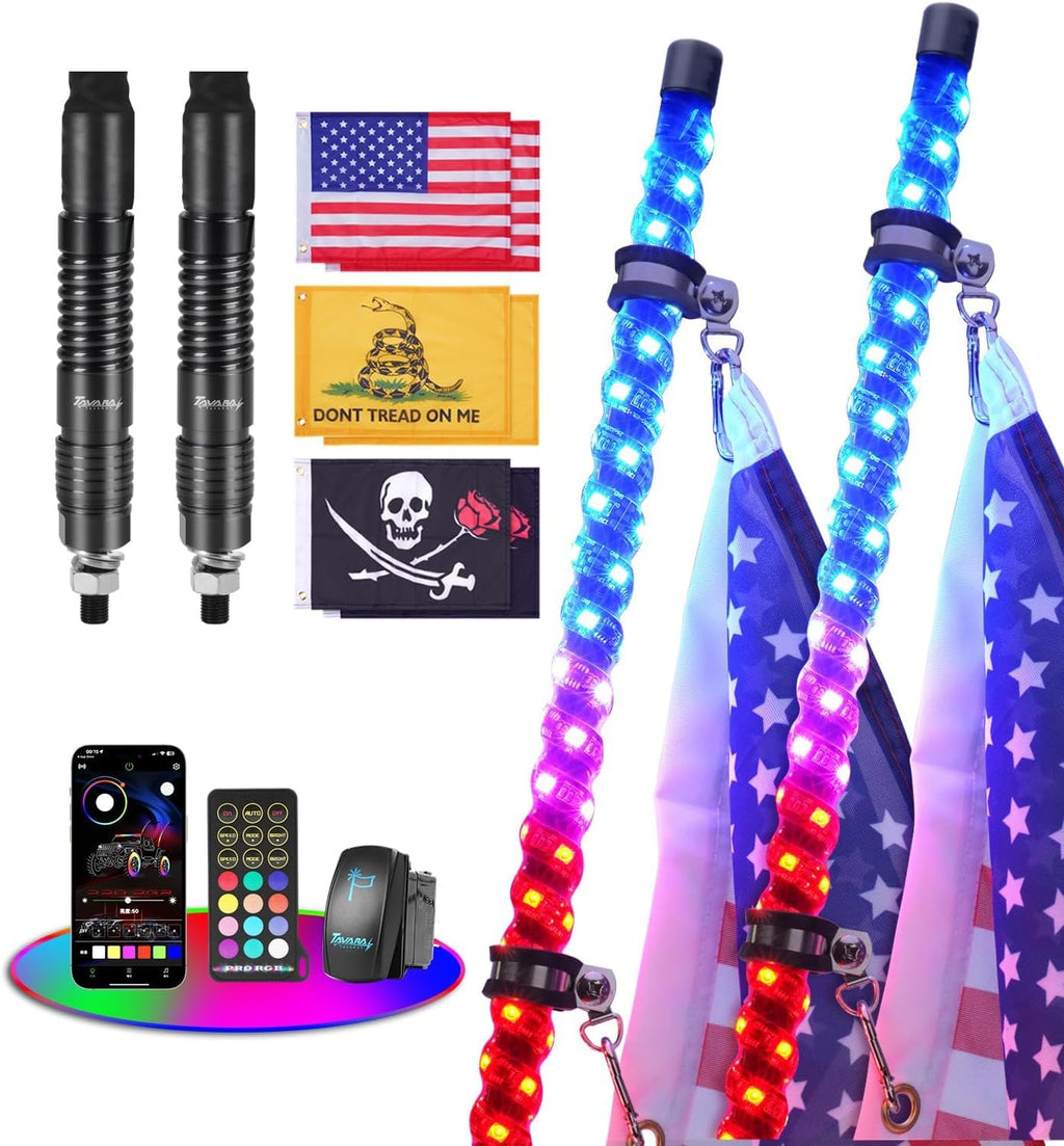 Tavaray 6FT Tripled Brighter LED Whip Lights 2-Pack with Spring Base, App & Remote Control Spiral Chasing Lighted Whips, Waterproof Off-Road Flag Lights for UTV ATV SXS