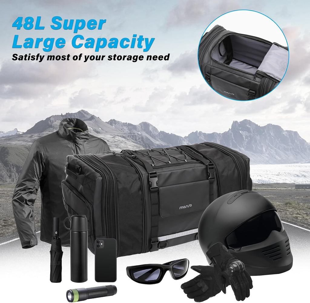 MOSISO Motorcycle Tail Bag with Expandable Capacity 32L-48L, Motorcycle Rear Seat Trunk Gear Bag with Rain Cover&Shoulder Strap, Motorbike Storage Duffle Carry Travel Luggag, Black