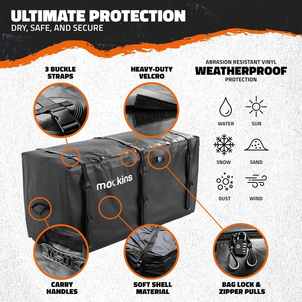 Mockins 25 Cu Ft XL Heavy Duty Trailer Hitch Cargo Carrier Bag All-Weather | 60"x24"x31" Cargo Bag for Hitch Carrier | Waterproof Truck Bed Storage | Vehicle Soft-Shell Carriers w/ Straps, Lock, & Case