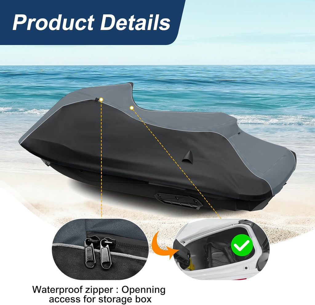 QUNSUNUS Jet Ski Cover for Sea Doo Spark 3up/Trixx 3up 2014-2025, Waterproof Covers with Zipper, All Weather Seadoo Cover with Elastic Edge for Wind, Sun, UV and Dust Protection